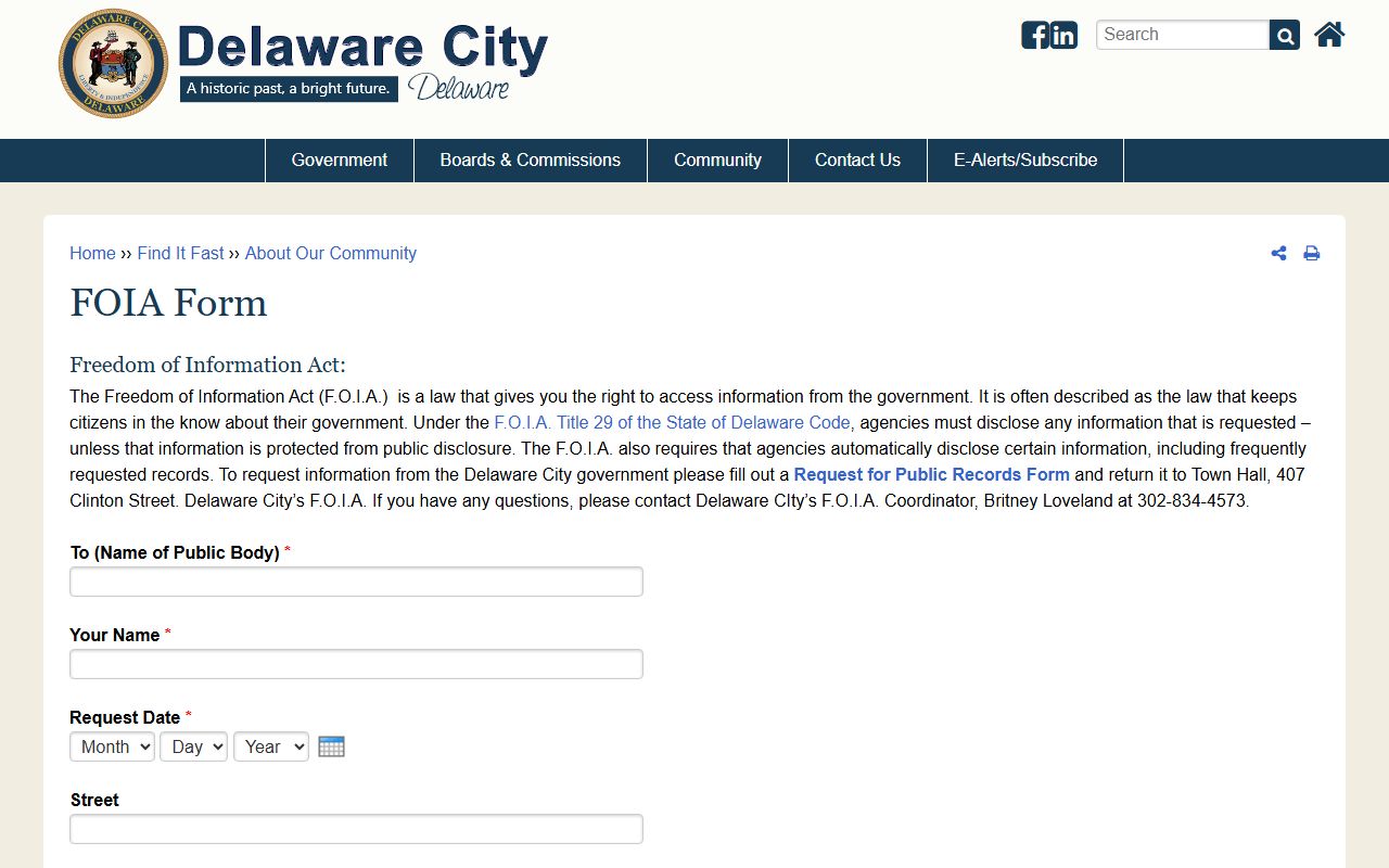 Delaware City FOIA form page for obituary and public records research