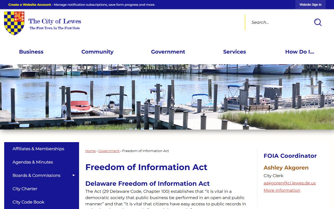 City of Lewes Delaware FOIA page for obituary and public records access
