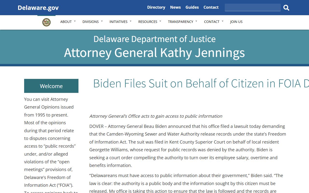 Delaware Attorney General Freedom of Information Act obituary records portal