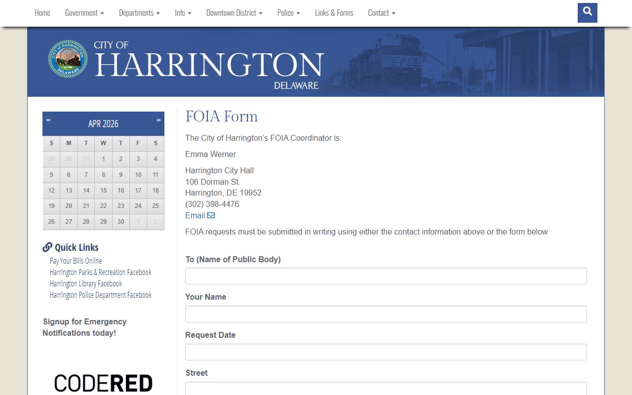 Harrington city FOIA request page for obituary and public records