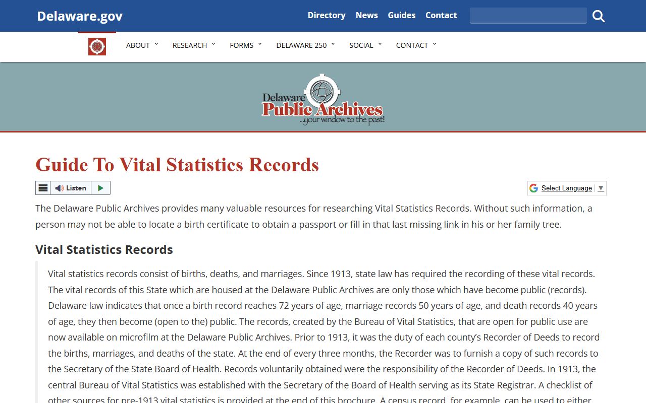 Delaware Public Archives guide to vital statistics and obituary records