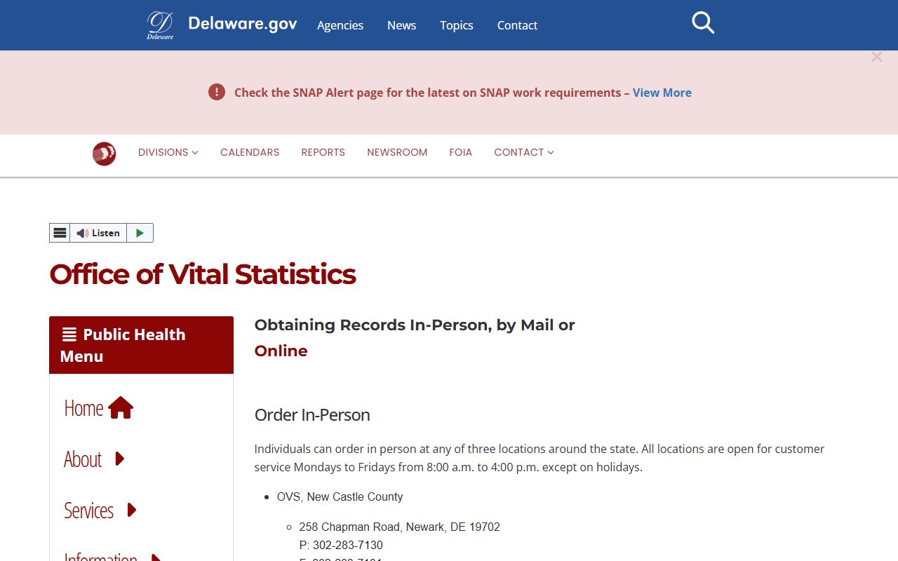 Delaware Office of Vital Statistics obituary records portal